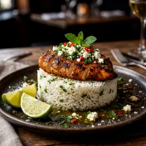 Honey Lime Chicken Rice Stack with Feta Crumble & Fresh Herbs
