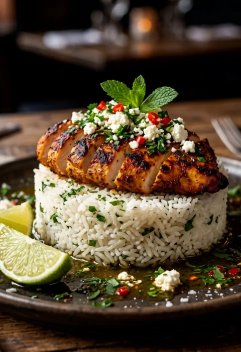 Honey Lime Chicken Rice Stack with Feta Crumble & Fresh Herbs