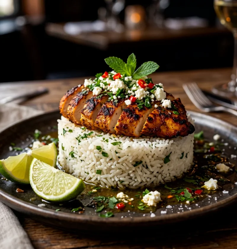 Honey Lime Chicken Rice Stack with Feta Crumble & Fresh Herbs