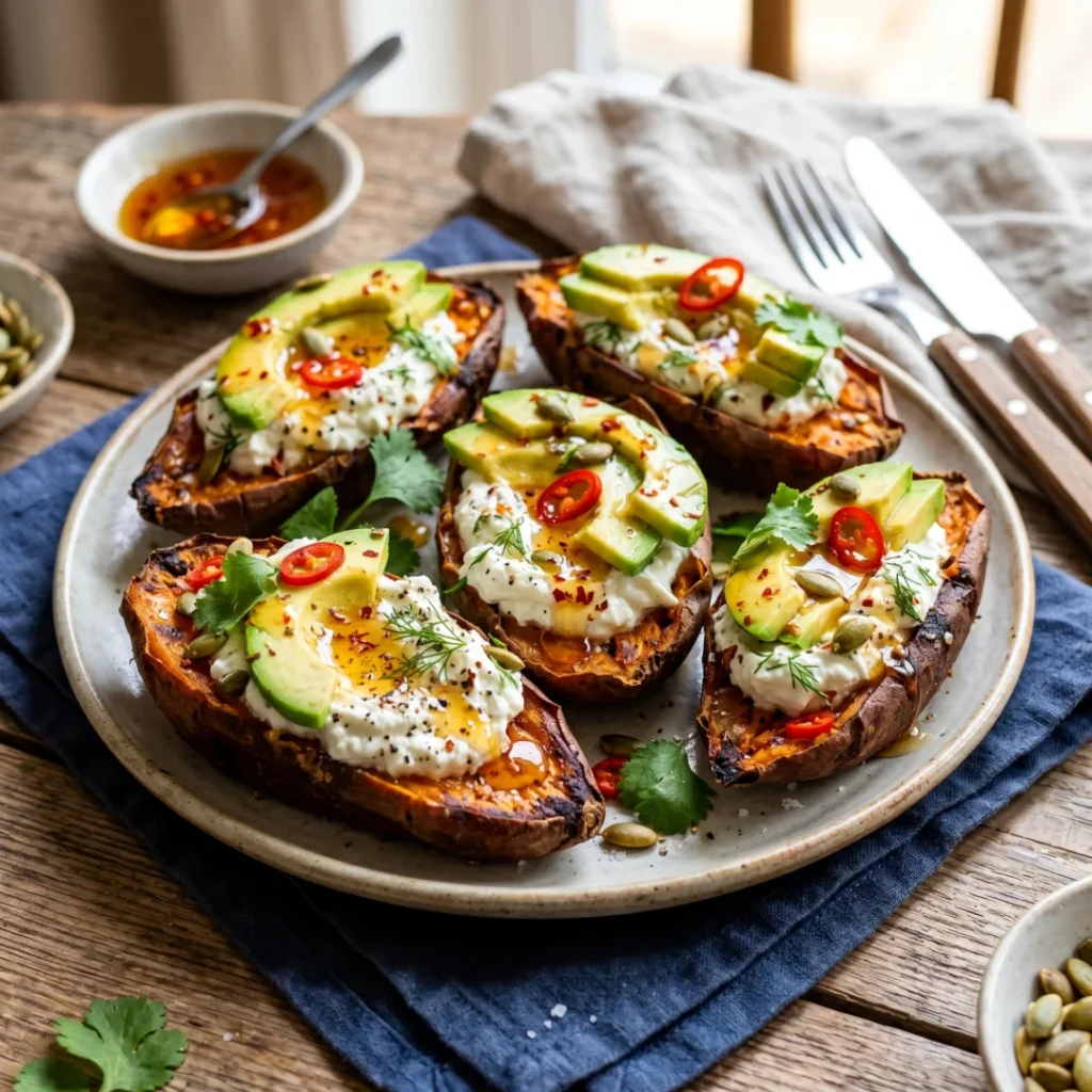 Loaded Sweet Potato with Whipped Feta, Avocado & Chili Honey - Loaded Sweet Potato with Whipped Feta, Avocado & Chili Honey