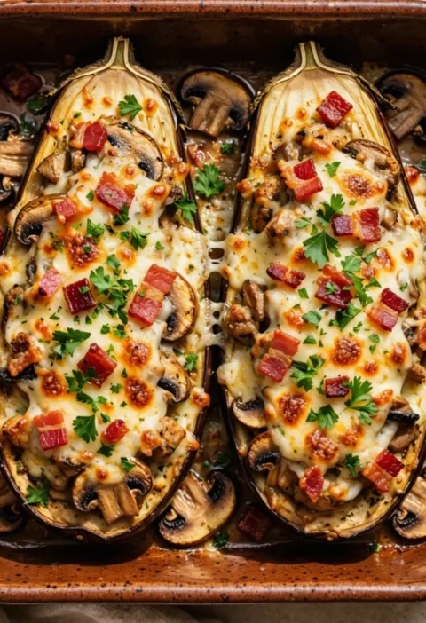 Cheesy Bacon Mushroom Stuffed Eggplant