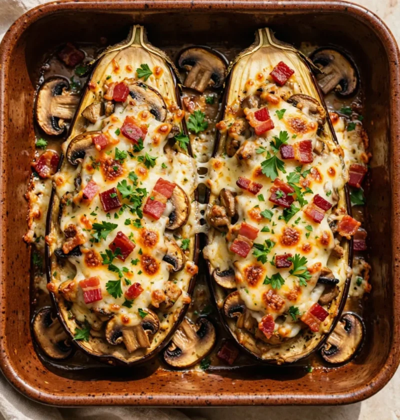 Cheesy Bacon Mushroom Stuffed Eggplant