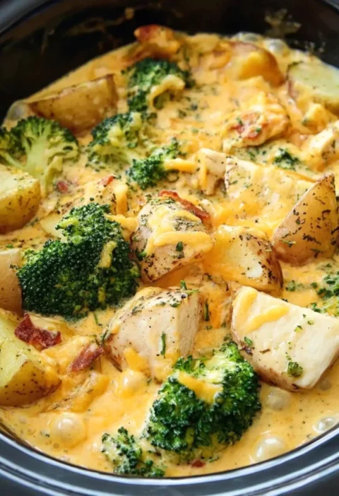 Crockpot Cheddar Broccoli Chicken and Potatoes
