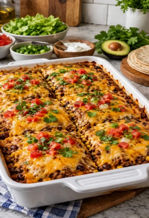 Cheesy High-Protein Beef and Bean Taco Bake