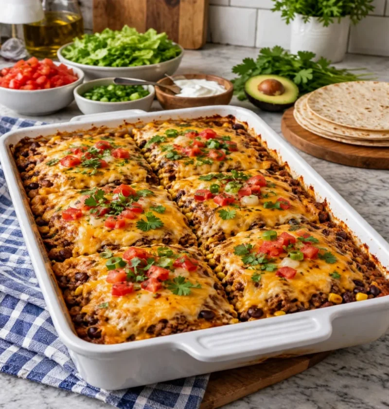 Cheesy High-Protein Beef and Bean Taco Bake