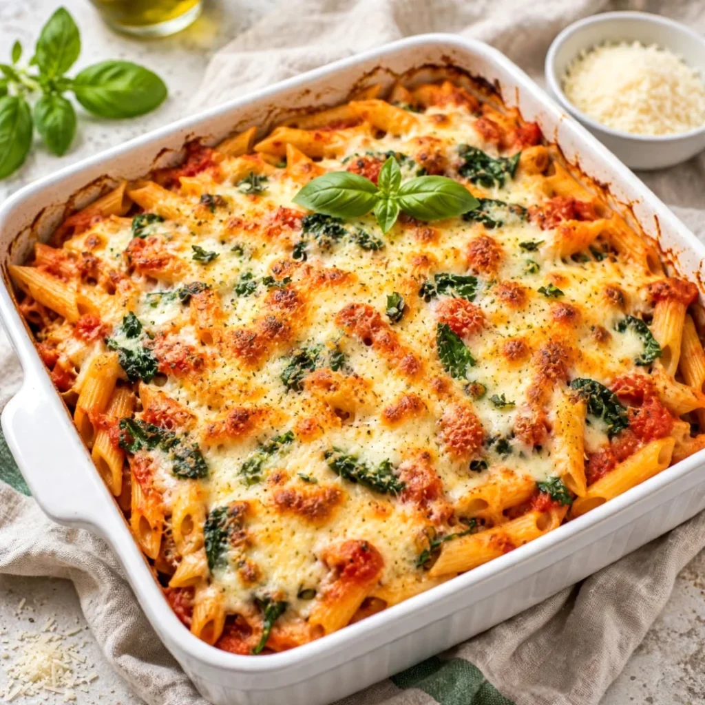 Cheesy Tomato and Spinach Pasta Bake – Easy and Delicious