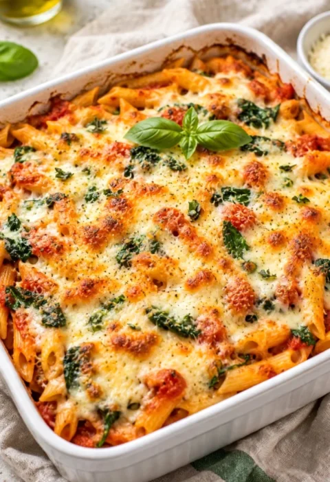 Cheesy Tomato and Spinach Pasta Bake