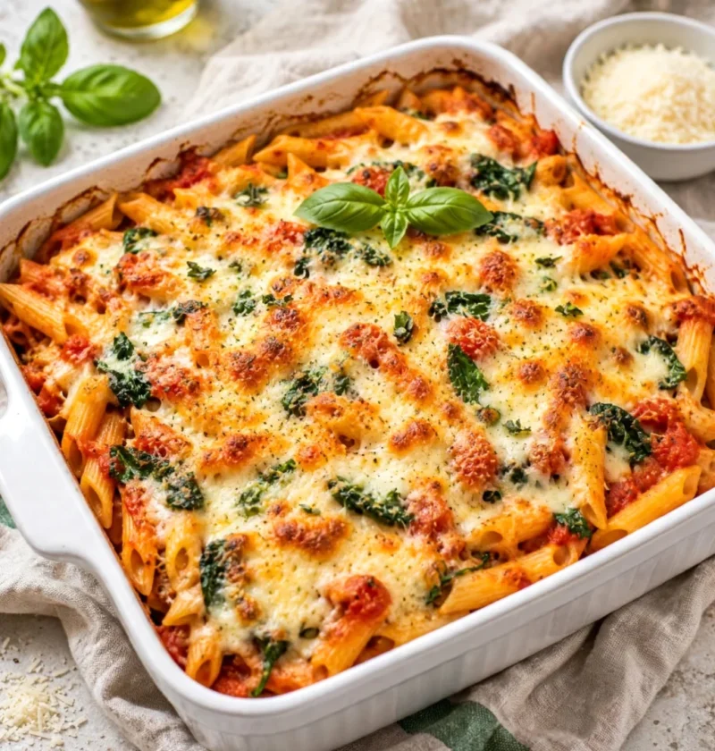 Cheesy Tomato and Spinach Pasta Bake