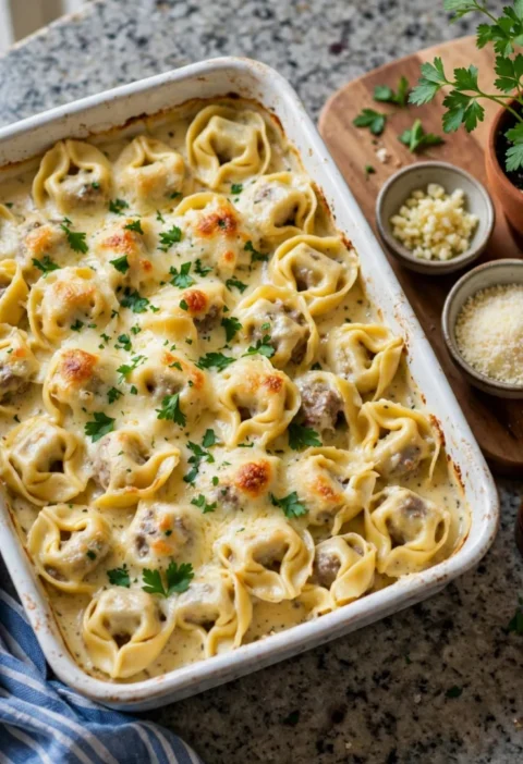 Garlic Parmesan Beef Tortellini in Creamy Sauce