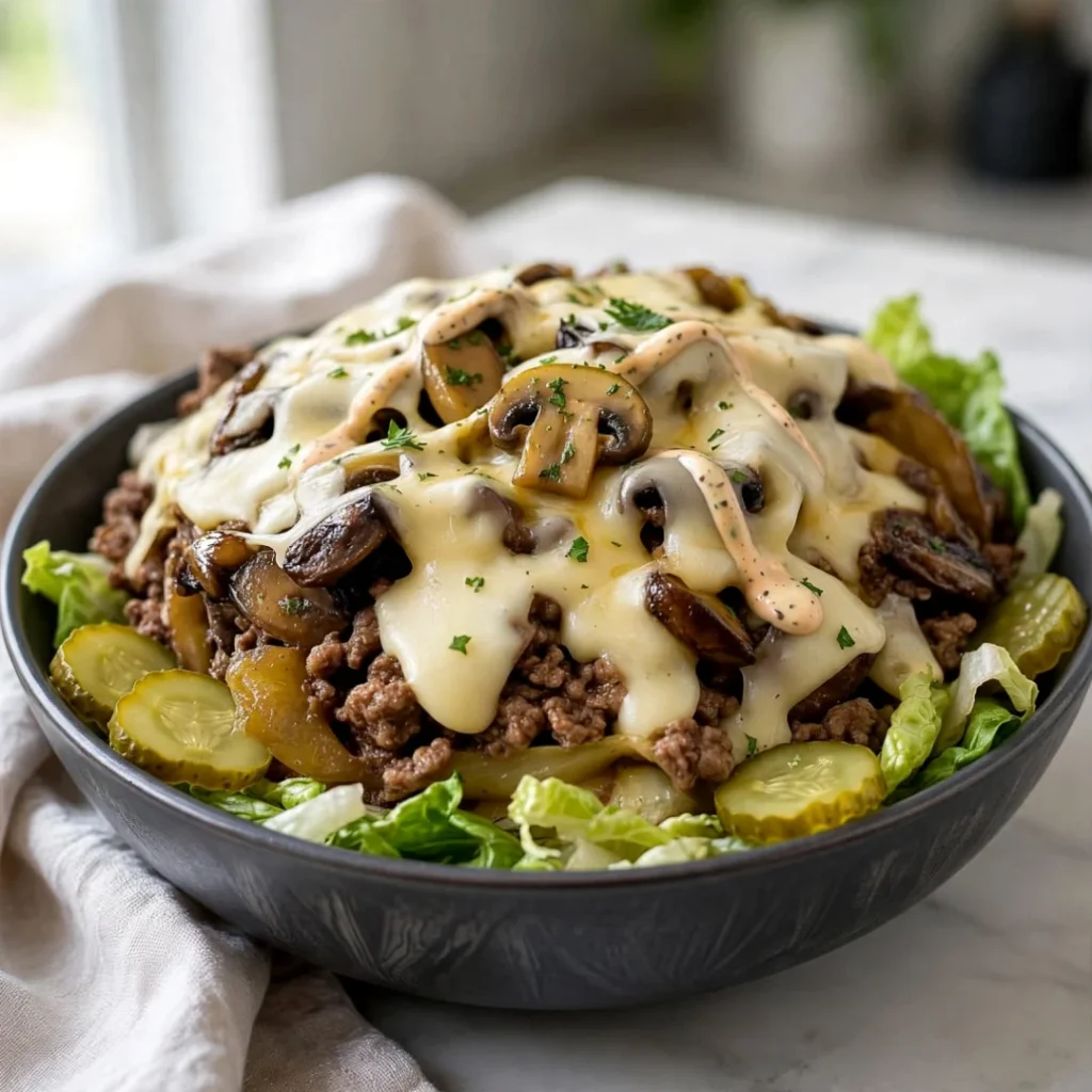 Keto Mushroom Swiss Burger Bowl - Keto Mushroom Swiss Burger Bowl