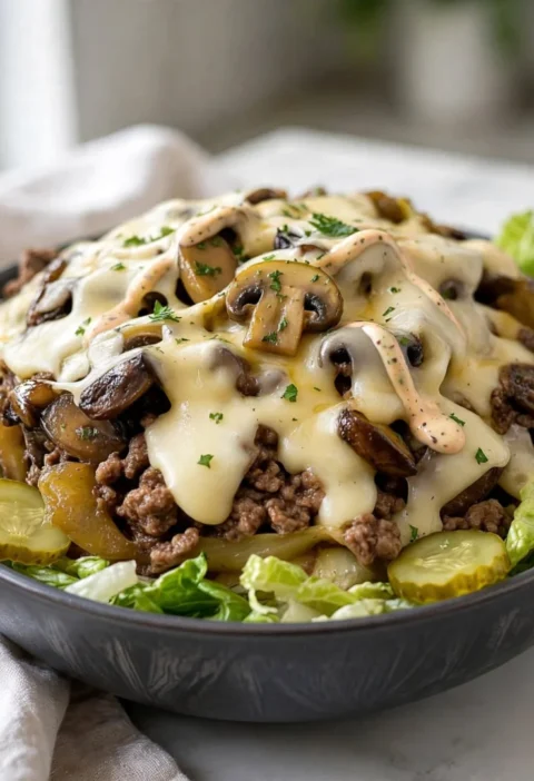 Keto Mushroom Swiss Burger Bowl