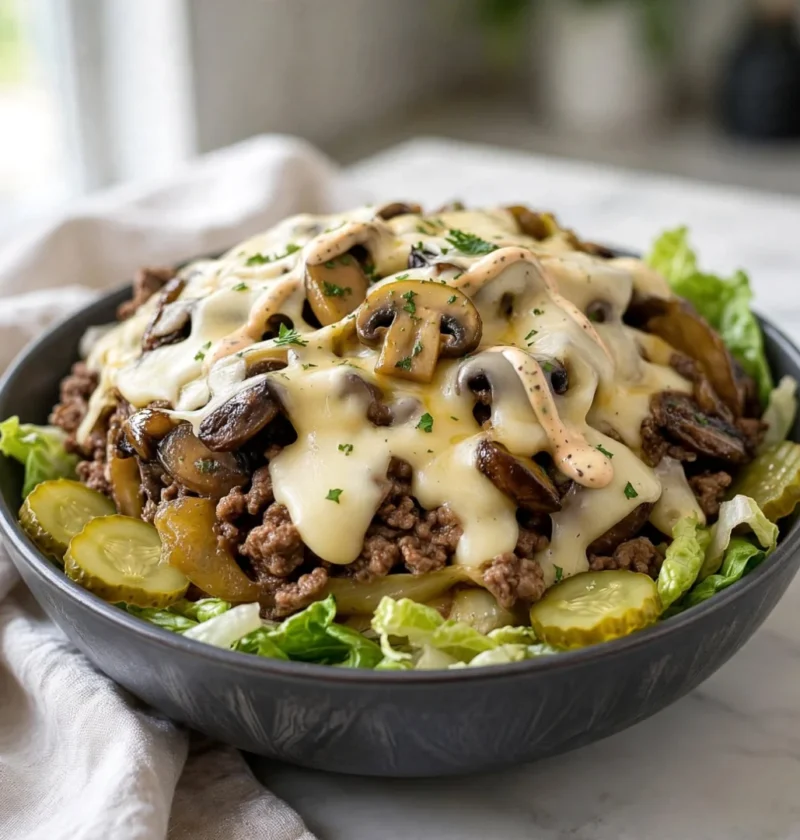 Keto Mushroom Swiss Burger Bowl