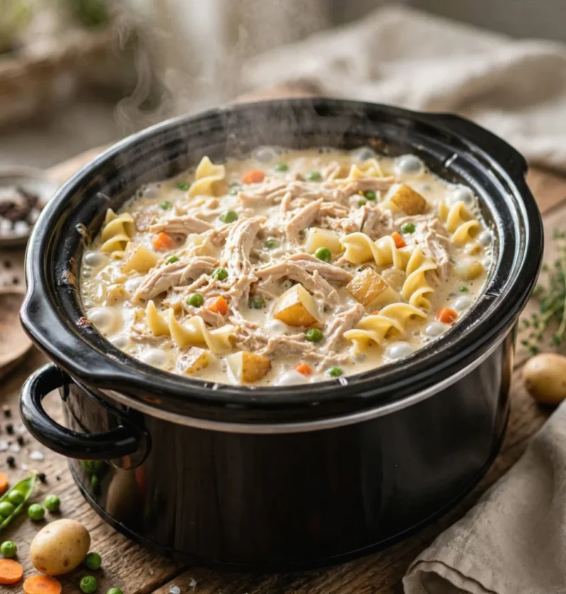Slow Cooker 4-Ingredient Amish Chicken Pot Pie Recipe