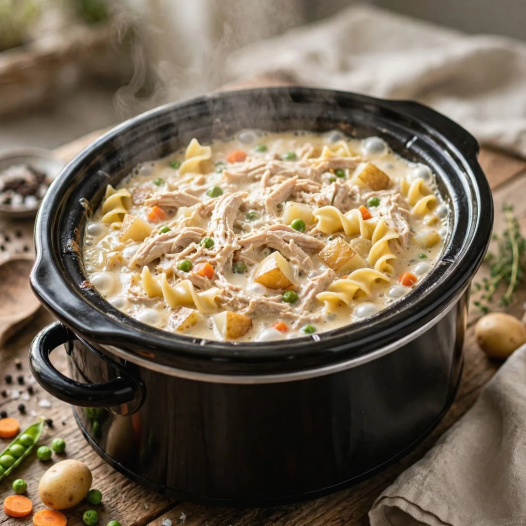 Slow Cooker 4-Ingredient Amish Chicken Pot Pie Recipe