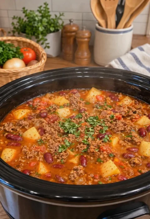 Slow Cooker Ground Beef Potato and Bean Stew