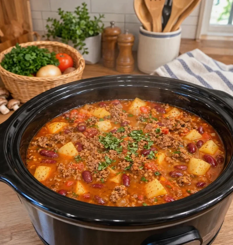 Slow Cooker Ground Beef Potato and Bean Stew