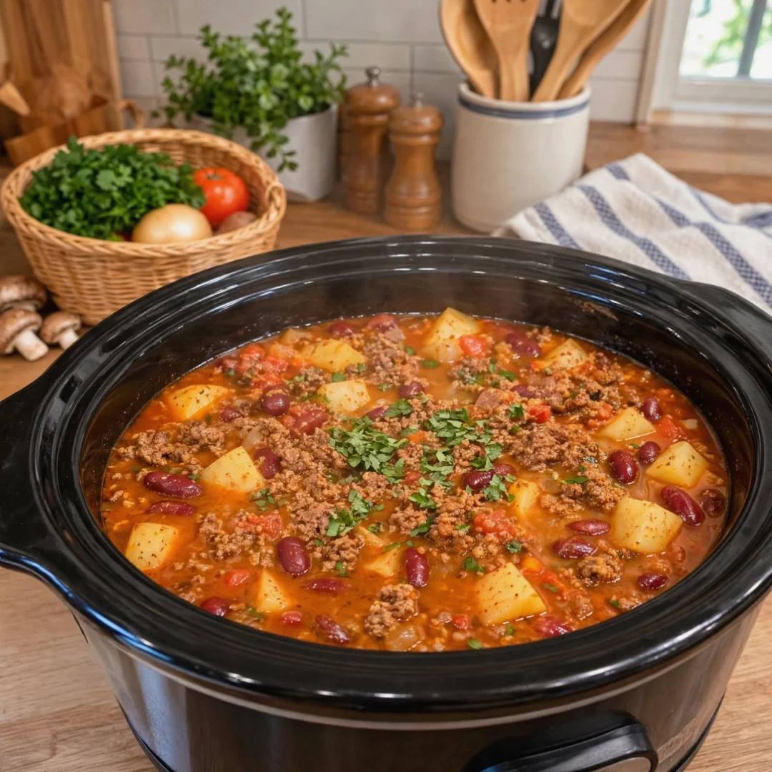 Slow Cooker Ground Beef Potato and Bean Stew