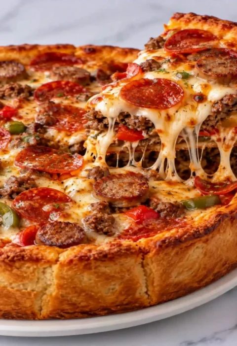 Cheesy Deep Hamburger Beef Sausage Pepperoni Pie
