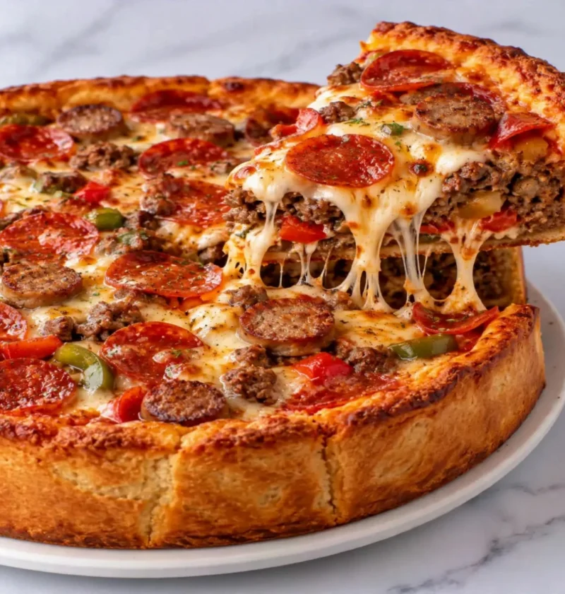 Cheesy Deep Hamburger Beef Sausage Pepperoni Pie