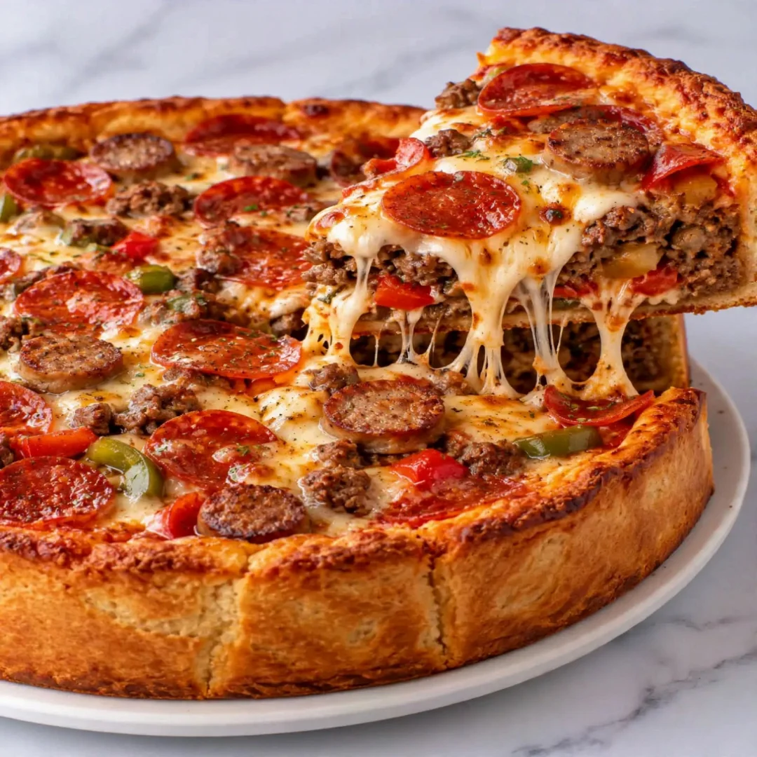 Cheesy Deep Hamburger Beef Sausage Pepperoni Pie